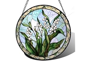 AMDERVEN Stained Glass Window Hanging, White Green Lily of The Walley Flowers Sun Catcher for Door Home Decor Plants Suncatcher Christmas Mother's Day Birthday Gifts for Women Men Mom Nana 7.8 in