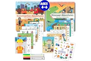 Totebook Kids Travel Educational Activity Book with Washable Markers - Car and Airplane Activities- Search and Find, Reusable Stickers for Ages 4, 5, 6 (Dinosaur & Construction)