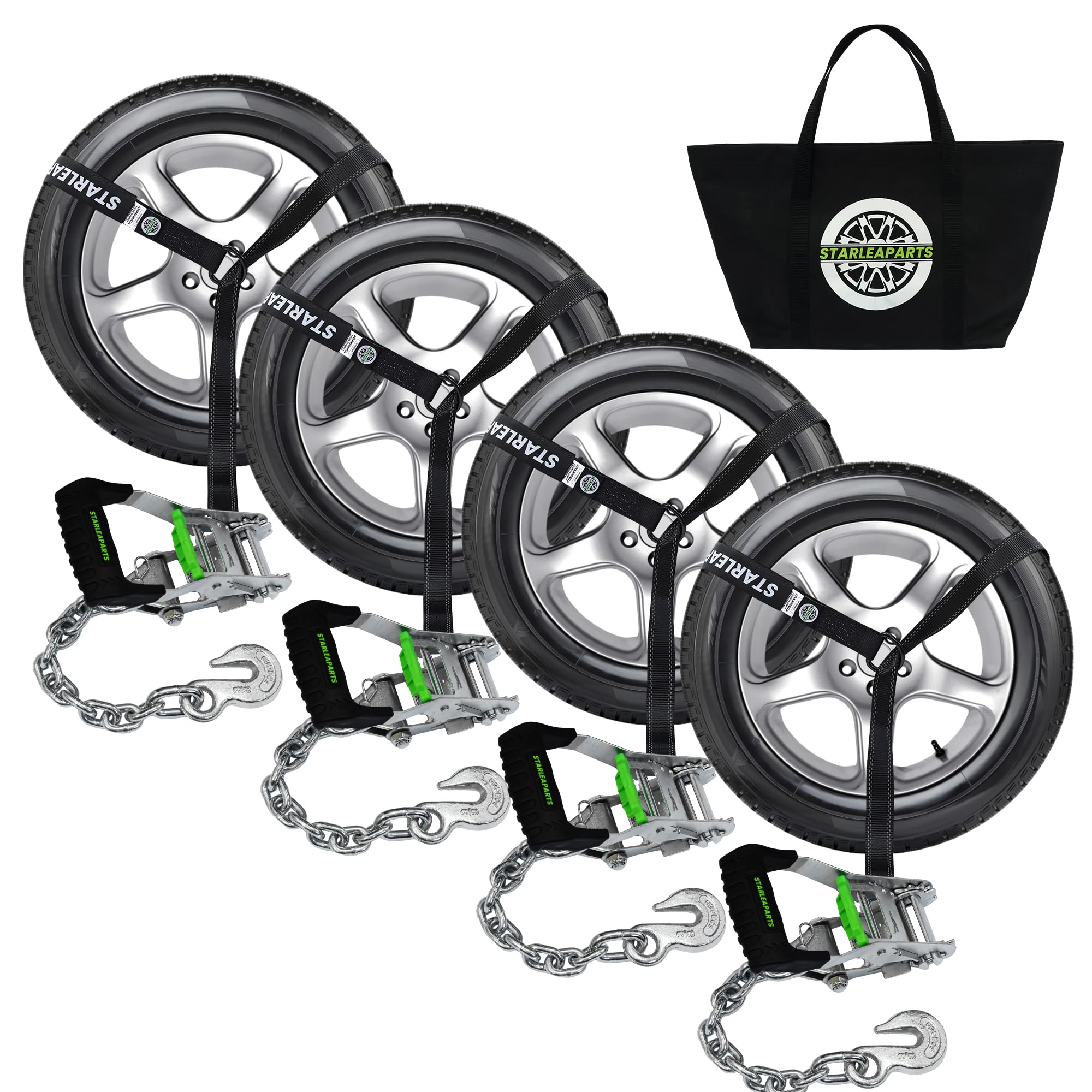 Photo 1 of ***(PARTIAL SET/ SOME STRAPS ARE BROKEN)***STARLEAPARTS Ratchet Car Tie Down Straps - 10,000LB Break Strength, 4 Pack 2" x 96 Car Trailer Tie Down Straps with G70 Chain Anchors, Wheel Tie Down Straps for UTV, Truck, Cars, Trailers?Black?