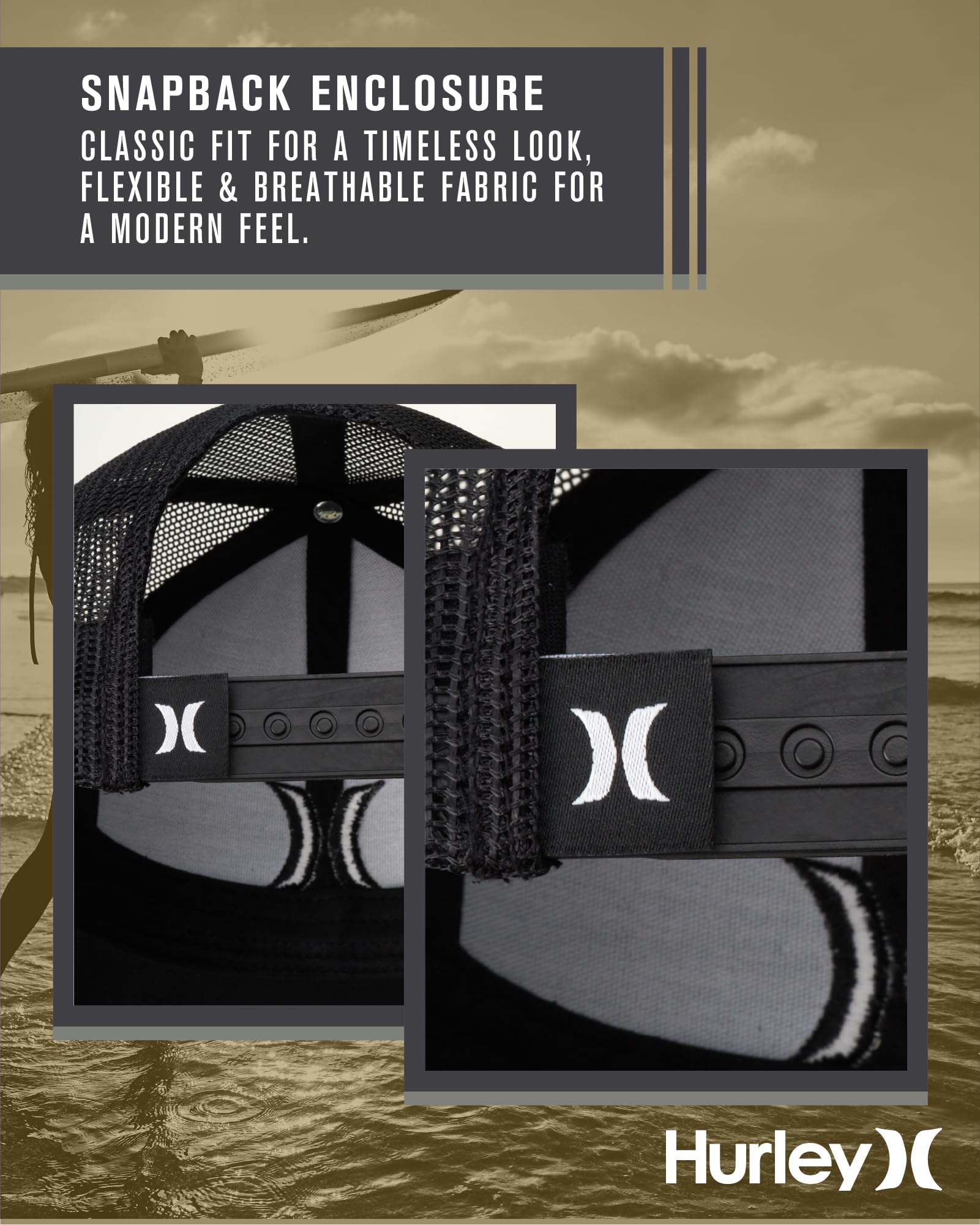 Hurley Men's Caps - Del Mar Mesh Panel Baseball Cap Trucker Hat - Snap Back Hats for Men