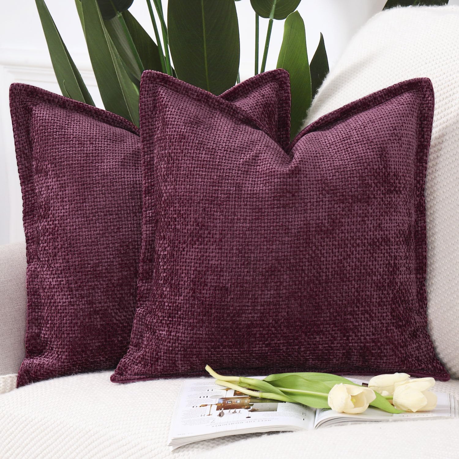 Madizz Set of 2 Chenille Velvet Cushion Covers with Flange Soft Boho Textured Throw Pillow Covers Broadside Pillowcases Modern Farmhouse Home Decor for Sofa Bedroom Burgandy 24x24 inch, 60x60 cm