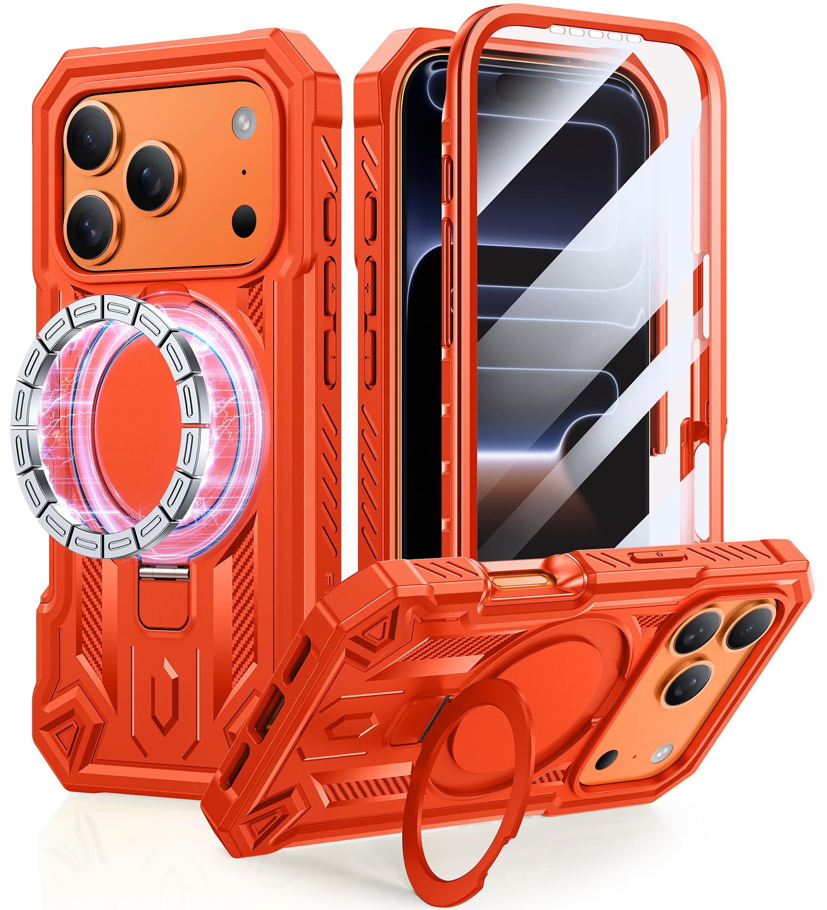 Photo 1 of FNTCASE for iPhone 17 Pro Case: Magnetic Stand Case with Built-in Screen Protector | Ring Kickstand Military Grade Shockproof Protective Rugged Cell Phone Cover | Heavy Duty Cases - 6.3 Inch (Orange)