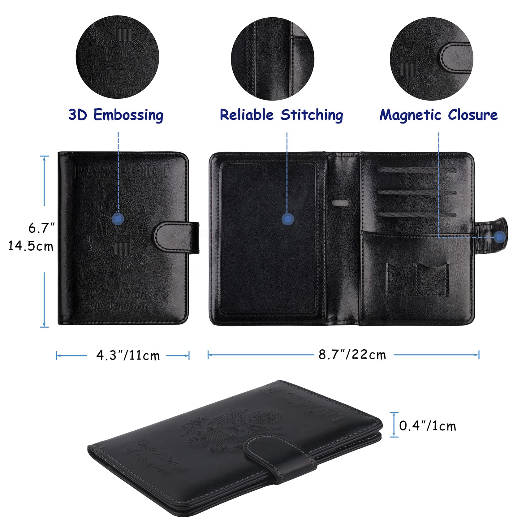 TOURSUIT RFID Blocking Passport Holder for Women Men, Leather Passport Travel Wallet with Metal 3D Metal Badge, Travel Document Holder Cover Accessories (Black)