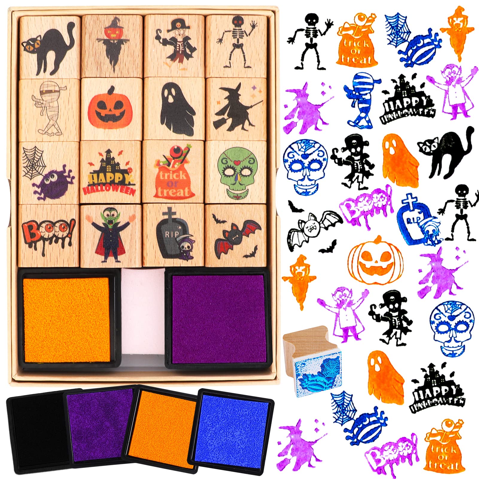 HOWAF 16 x Halloween Stamps for Children's Painting, 4 Piece Pumpkin, Ghost, Skull, Bat, Spider Wooden Stamps for Halloween Crafts DIY Scrapbooking — image 1