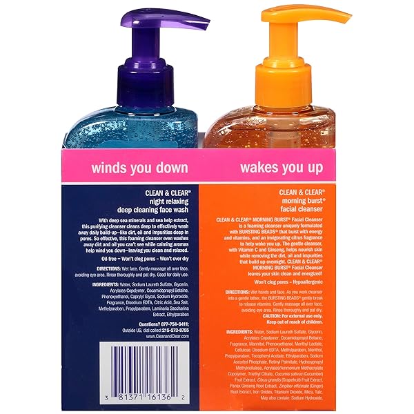 CLEAN & CLEAR 2-PACK DAY AND NIGHT FACE CLEANSER CITRUS MORNING BURST FACIAL CLEANSER WITH VITAMIN C AND CUCUMBER, RELAXING NIGHT FACIAL CLEANSER WITH SEA MINERALS, OIL NO & HYPOALLERGENIC FACE WASH
