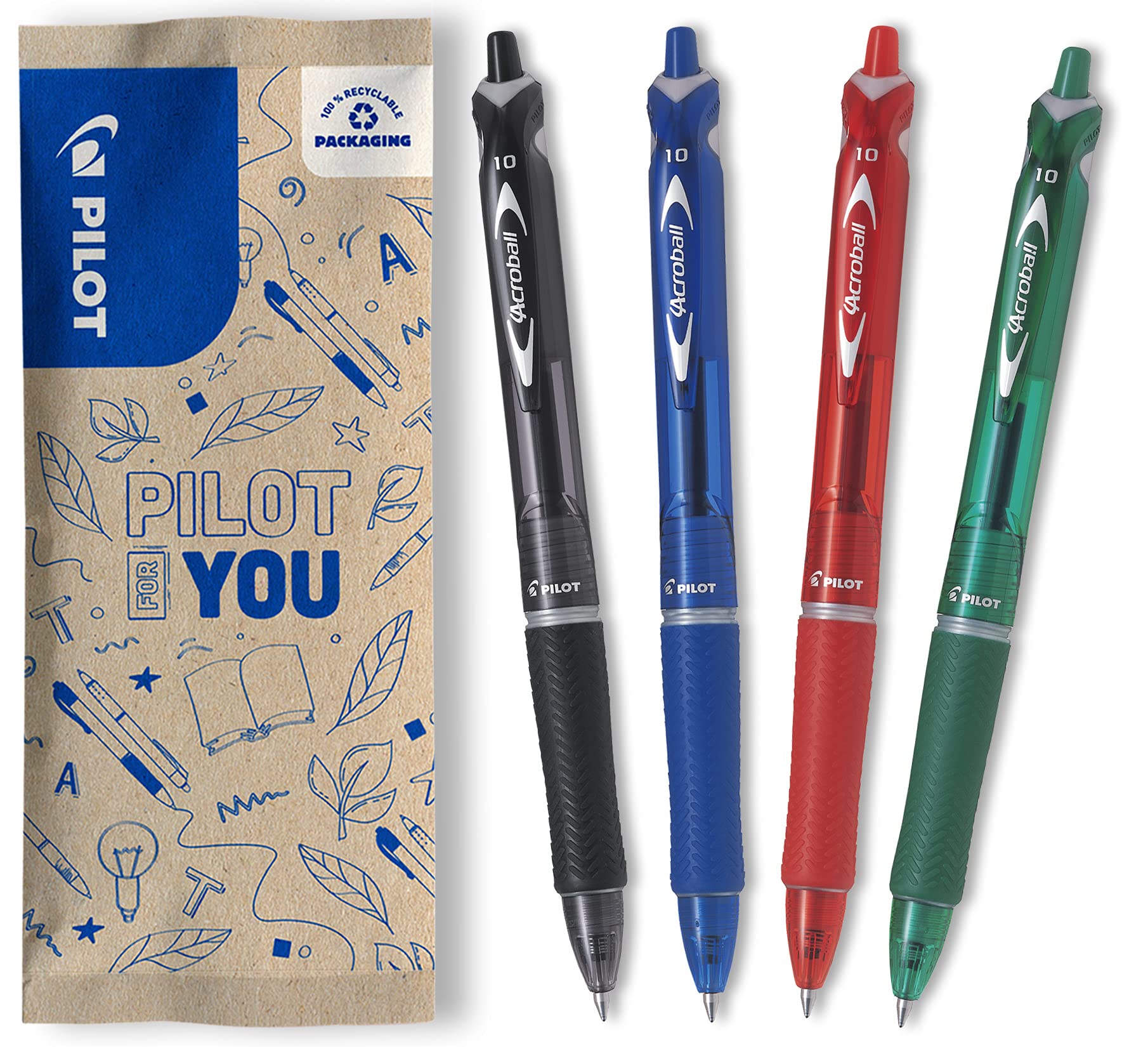 Pilot FLW538967 Acroball Retractable Ballpoint Tip- Black/Blue/Red/Green (Pack of 4)