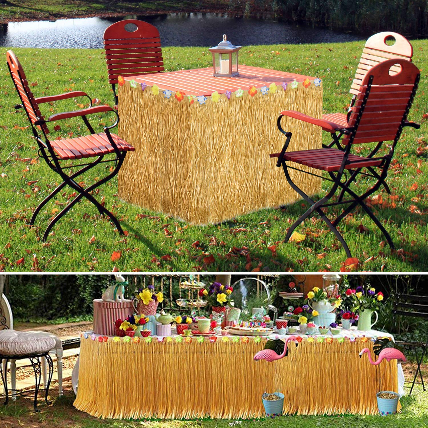 Alcoon Hawaiian Luau Table Skirt 9 Feet Hibiscus Grass Table Skirt 26 Faux Silk Flowers Tropical Island, Luau, Garden Beach Summer, Wedding, Birthday, Party Tableware Decorations