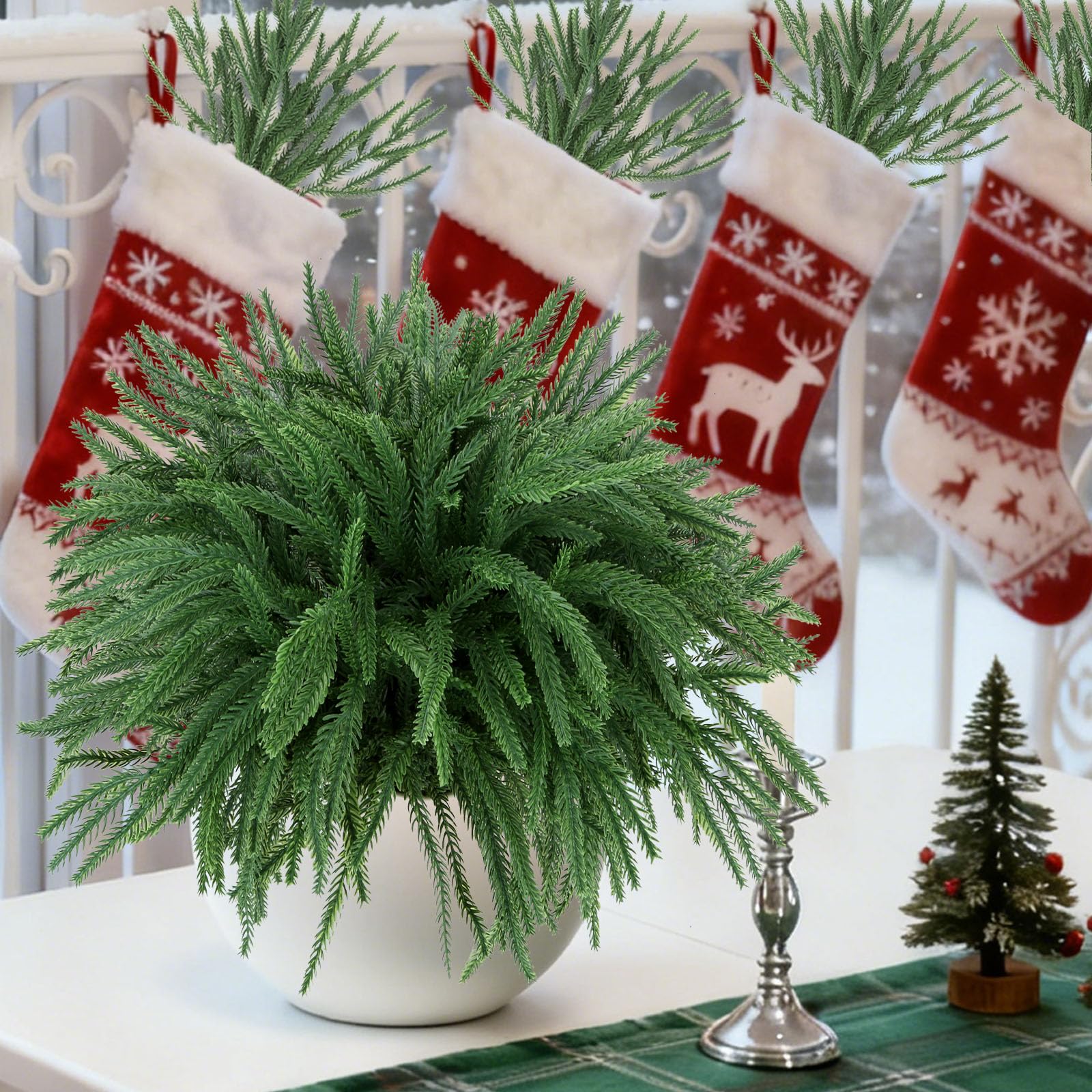 Photo 1 of 12 Pcs Artificial Norfolk Pine Branches - 19.7 Inch Real Touch Norfolk Pine Stems - Indoor Outdoor Faux Christmas Greenery Plants Stems - Table Decorations Porch Decor Christmas Stocking Stuffers