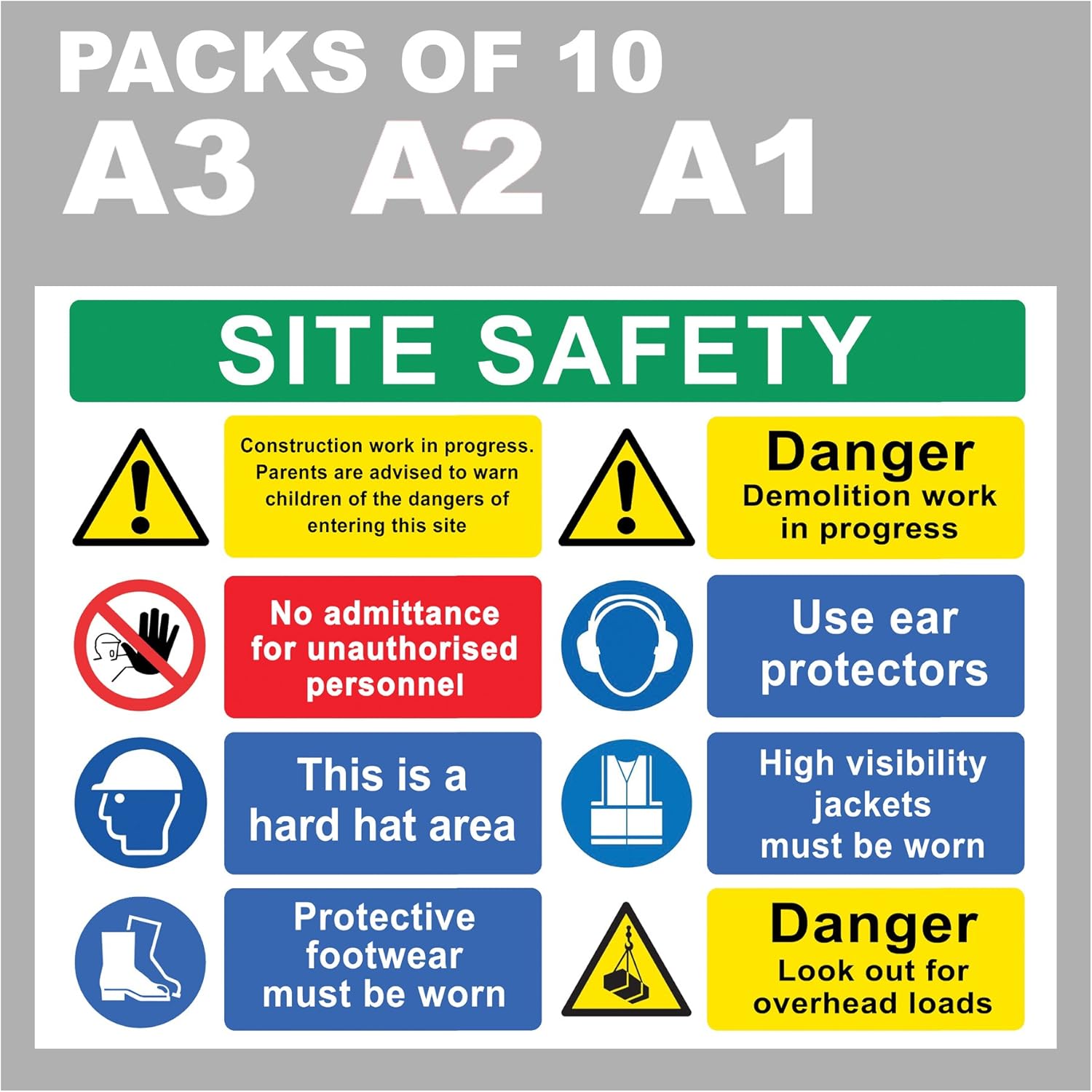 BUILDING SITE SAFETY SIGNS pack of 10 4mm CORREX A3 A2 A1 Health