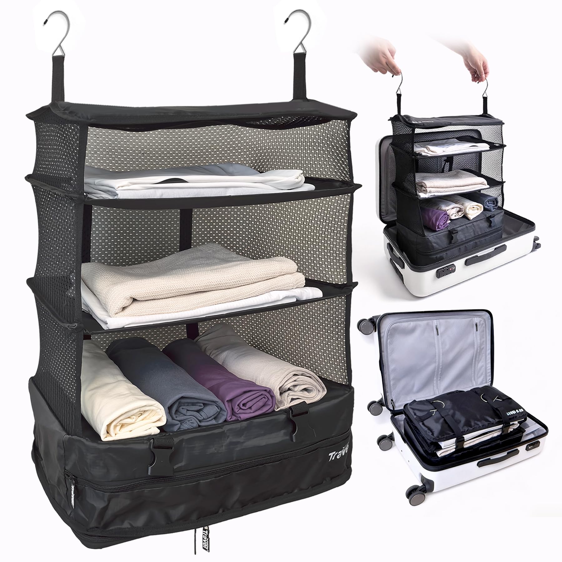 Grand Fusion Housewares Portable Luggage System Suitcase Organizer (Packable Hanging Travel Shelves & Packing Cube Organizer) Large Black