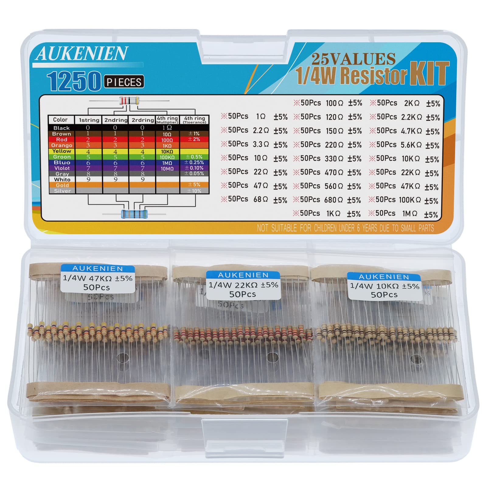 AUKENIEN 1250pcs 25 Values 1/4W Carbon Film Resistor Assortment Kit 1 2.2 3.3 10 22 47 68 100 120 150 220 330 470 560 680 1K 2K 2.2K 4.7K 5.6K 10K 22K 47K 100K 1M Ohm 1/4 Watt 5% Resistors Pack