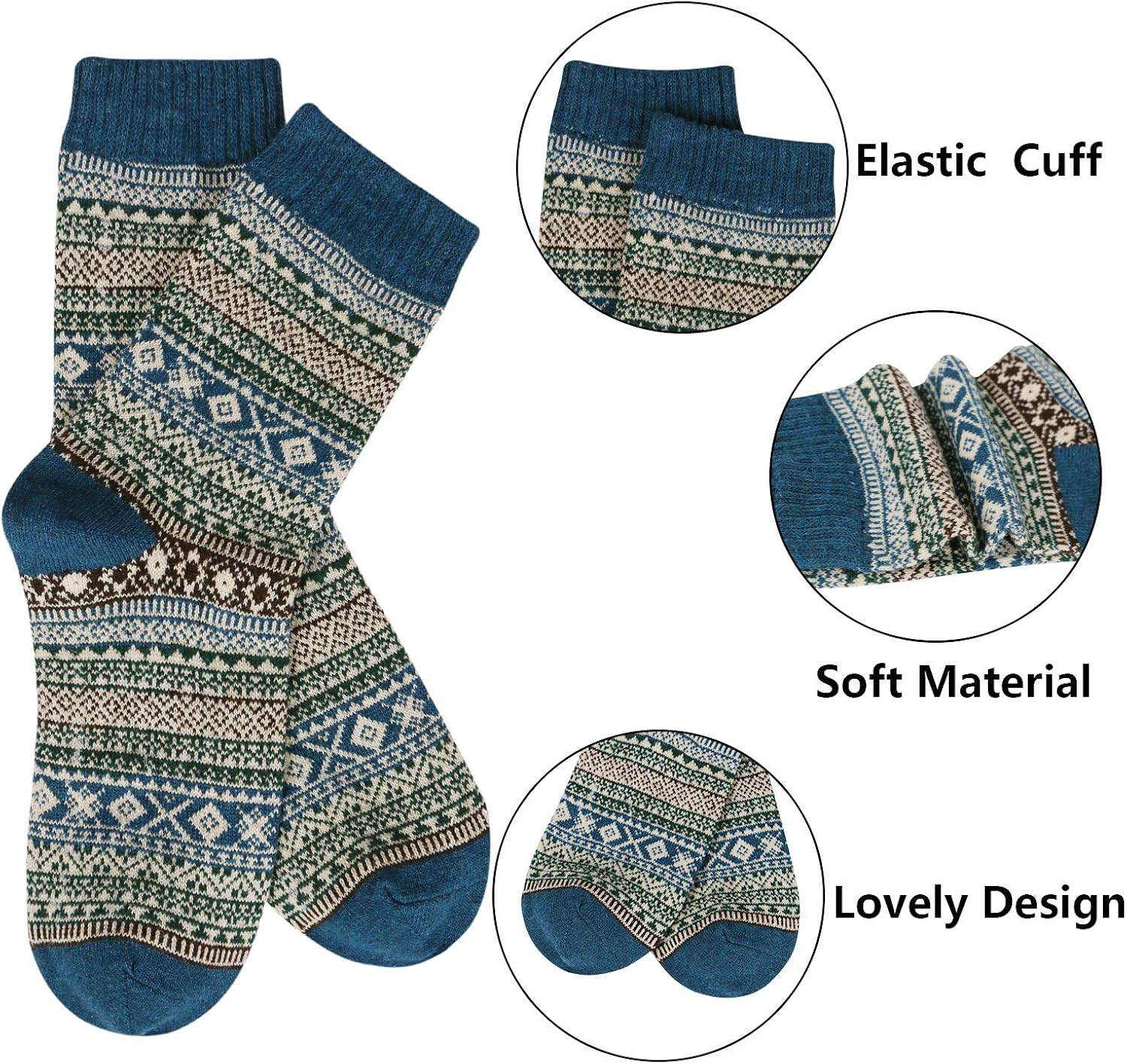 5 works Womens Thermal Wool Socks Warm Knit Ladies Socks for Winter One Size, A6, 1-Blue / black / red / green / brown, 4-8 - Image 3