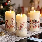Eywamage Christmas Fiber Optic Flameless Pillar Candles with Remote, Santa Snowman Gnomes LED Battery Candles Holiday Winter Decor Set of 3