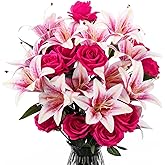 Hotop 20 Pcs Artificial Lily and Rose Flower Bouquet with Long Stem Realistic Red Rose and Pink Lilies Plastic Silk Fake Floral Arrangement Gift for Bridal Wedding Table Centerpiece (Pink & Red)