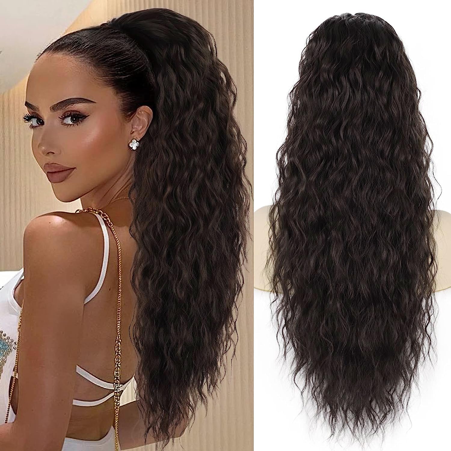 PORSMEER Ponytail Extension Dark Brown Long Curly Drawstring Clip in Pony Hair Extension Synthetic Water Curl Pony Tail Hairpiece for Women โ image 1