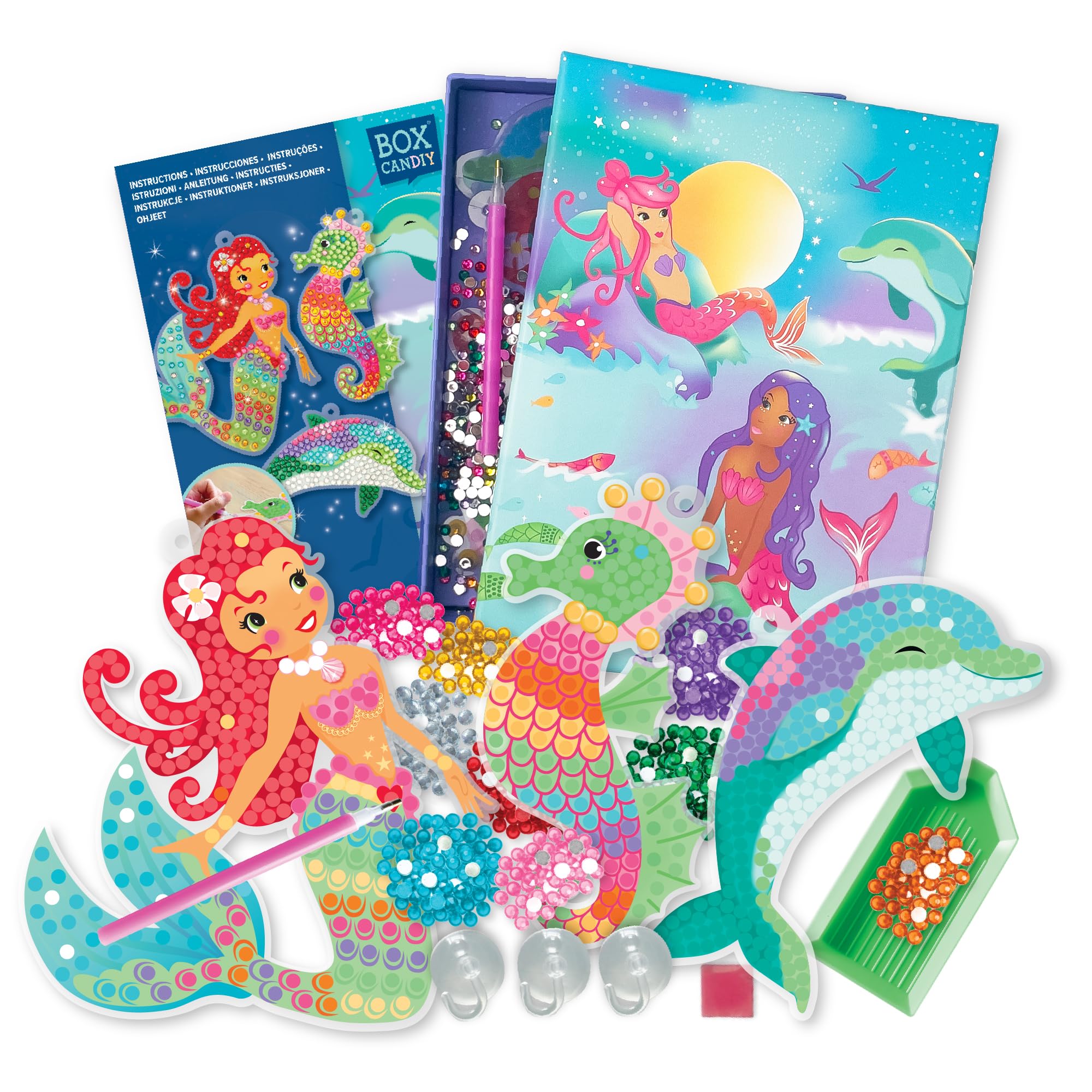 BOX CANDIY Sea Life Sun Catchers Art Set for Kids I DIY Underwater Craft Kit with 3 Sticky Art Sheets, Colourful Gems, Tools, Suction Cups & Storage Box