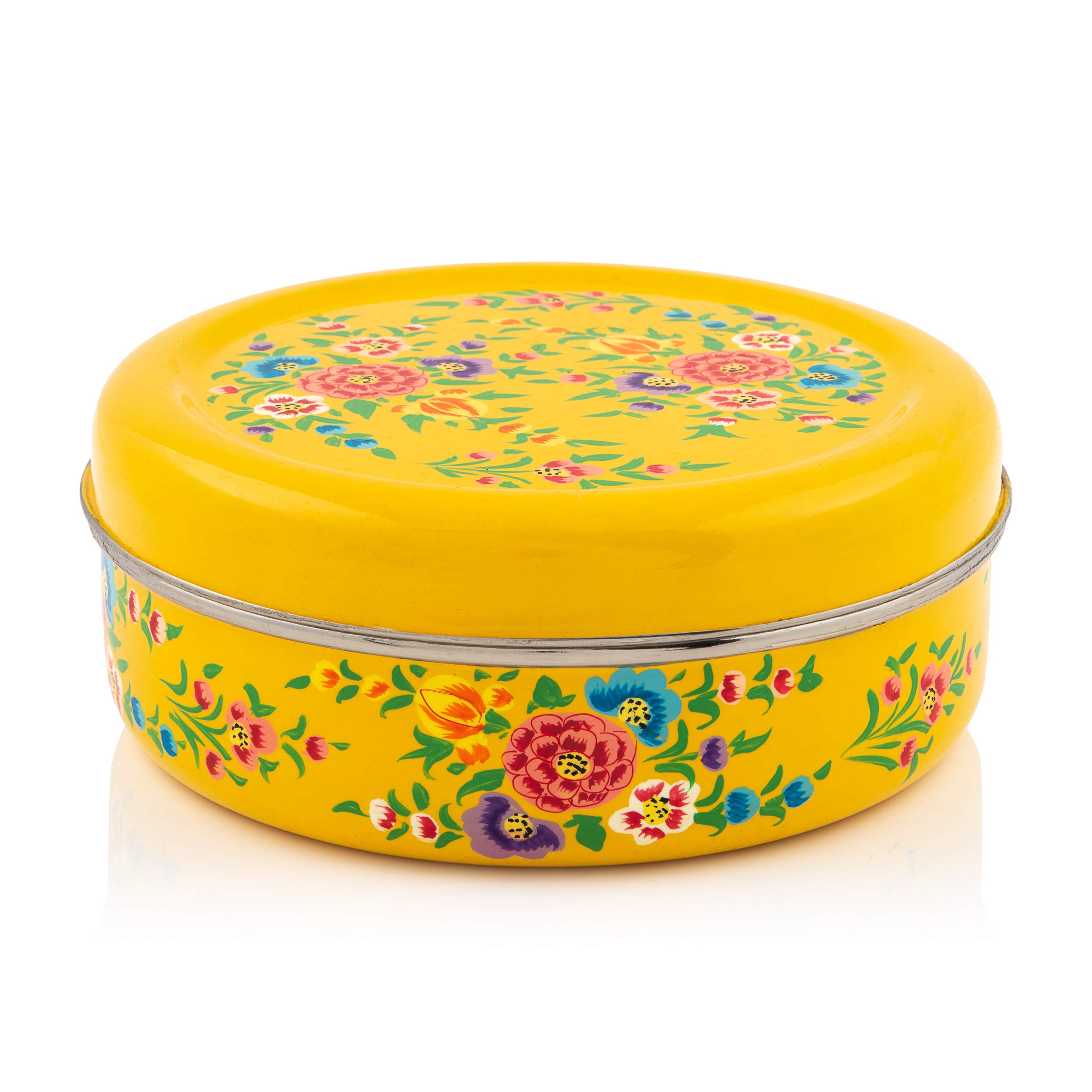 Indian-Tiffin Handpainted Yellow Flower Masala Dabba - Airtight Spice Container - 7 pots