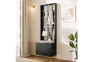 Modern Coat Rack Set with Shoe Bench & Cabinet, Wave Design Door, Push-to-Open, Soft-Close Hinges, Adjustable Shelves, Gold H