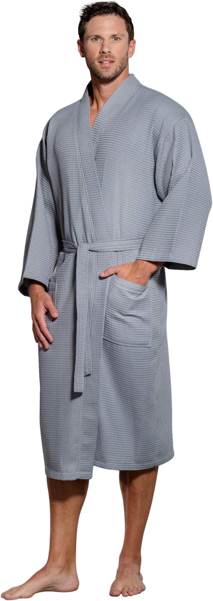 TurquazLinen Lightweight Long Waffle Kimono Spa Robe for Men