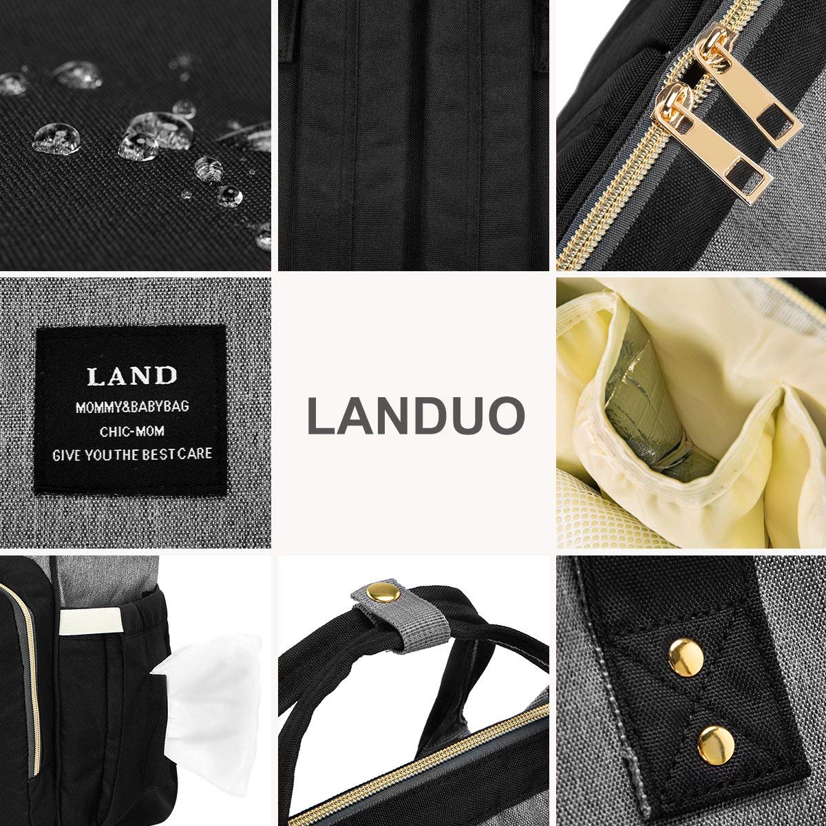 Landuo Diaper Bag Multi-Function Waterproof Travel Backpack Large Nappy Bags for Baby Care, Large Capacity, Stylish and Unisex (Grey-Black)