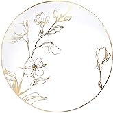 [7'' Plates 10 Count] White Plastic Floral Design Party Plates With Gold Rim Premium heavyweight Elegant Disposable Tableware Dishes