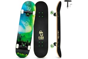 FISH SKATEBOARDS Skateboards for Teens Girls ，Skateboards for Adults 8 Layer 31 Inch Canadian Maple Double Kick Deck Concave Cruiser Trick Skate Board