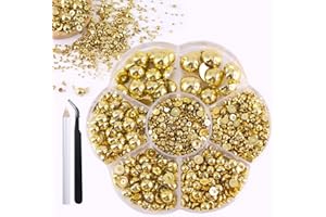 OCOUYVD 1500 Pcs 3D Nail Charms Flatback Pearls Set,Gold Nail Rhinestones 7 Sizes 0.5-9mm Nail Pearls&Flowers Jewels for Manicure DIY Crafts Jewelry Accessories