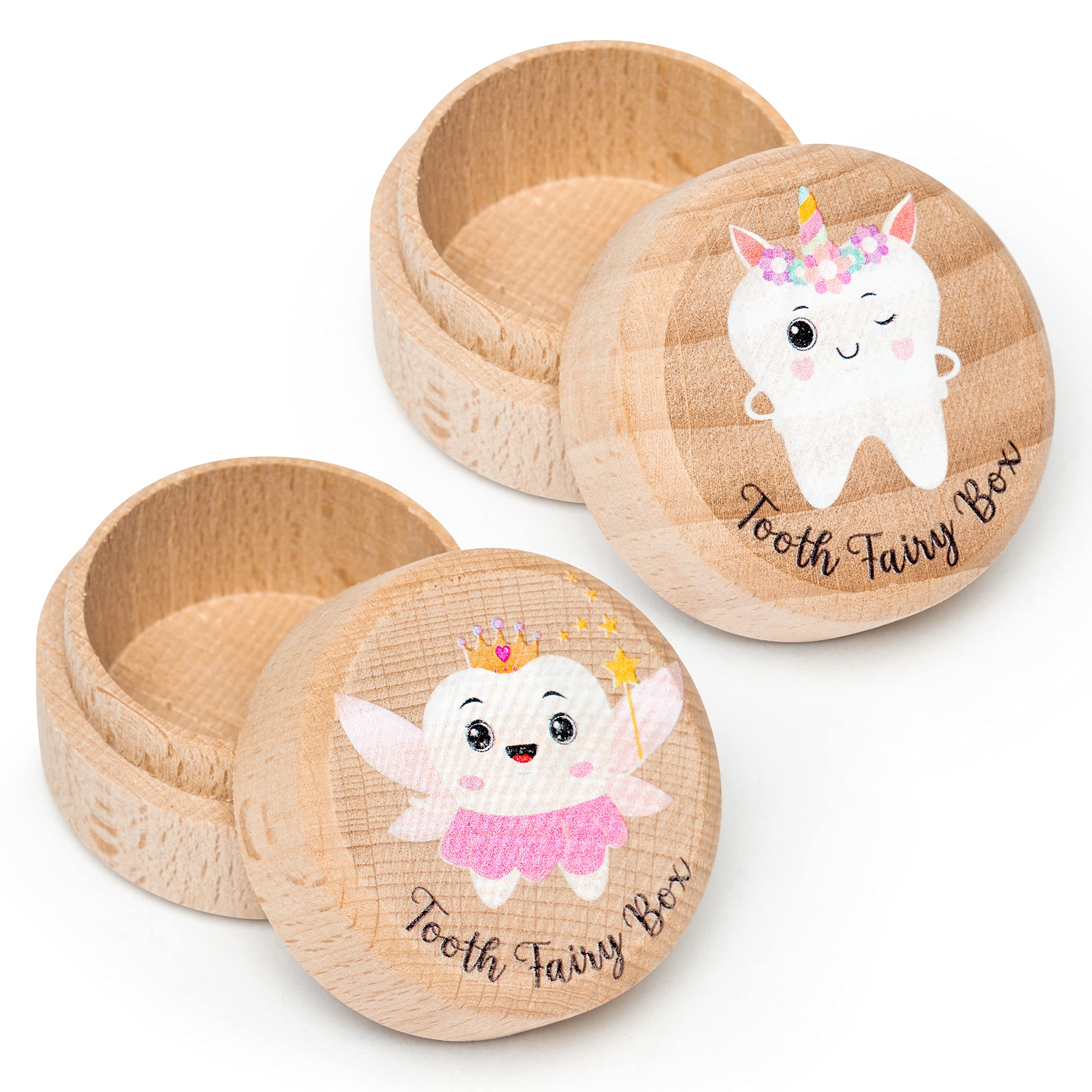 2Pcs Colorful Tooth Fairy Box for Girl Wooden Tooth Fairy Keepsake Box to Place Under Pillow Cute Lost Milk Dentition Holder Baby Toddler Memory Case for Baby Shower Birthday Gift