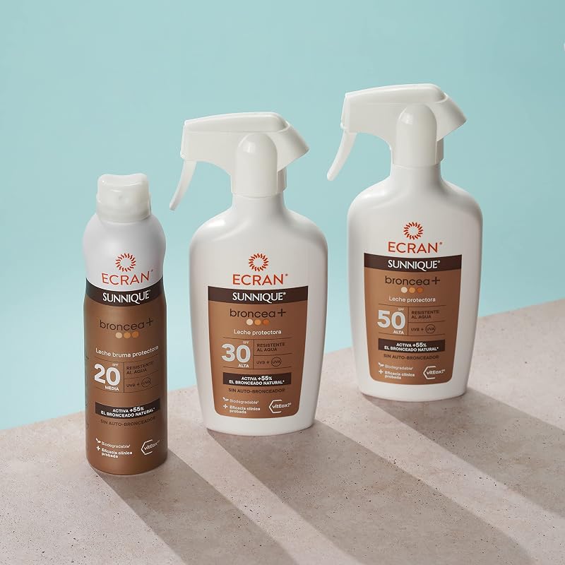 Ecran Sunnique Sunnique Protetor Solar Leite Tanning+ FPS 50 Alto UVB + UVA e IR-A Proteção Spray Ativa Bronzeamento Natural, Sem Autobronzeador, com Tecnologia PureBronze, Resistente à Água - 270 ml
