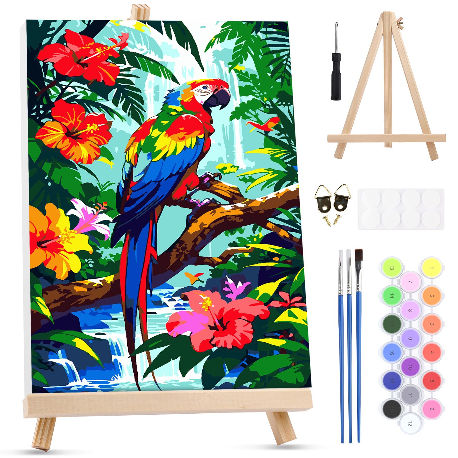 MXJSUA Bird Parrot Framed Paint by Numbers Kit for Adults Beginner with Wooden Easel, Adults' Paint-by-Numbers on Canvas, Easy DIY Acrylic Number Painting for Home Decor Gifts, 20x30cm