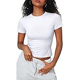 Hilor Women's Casual Basic Cotton T-Shirts Short Sleeve Y2K Going Out Crop Tops Baby Tees Tight Fitted Crew Neck T Shirts