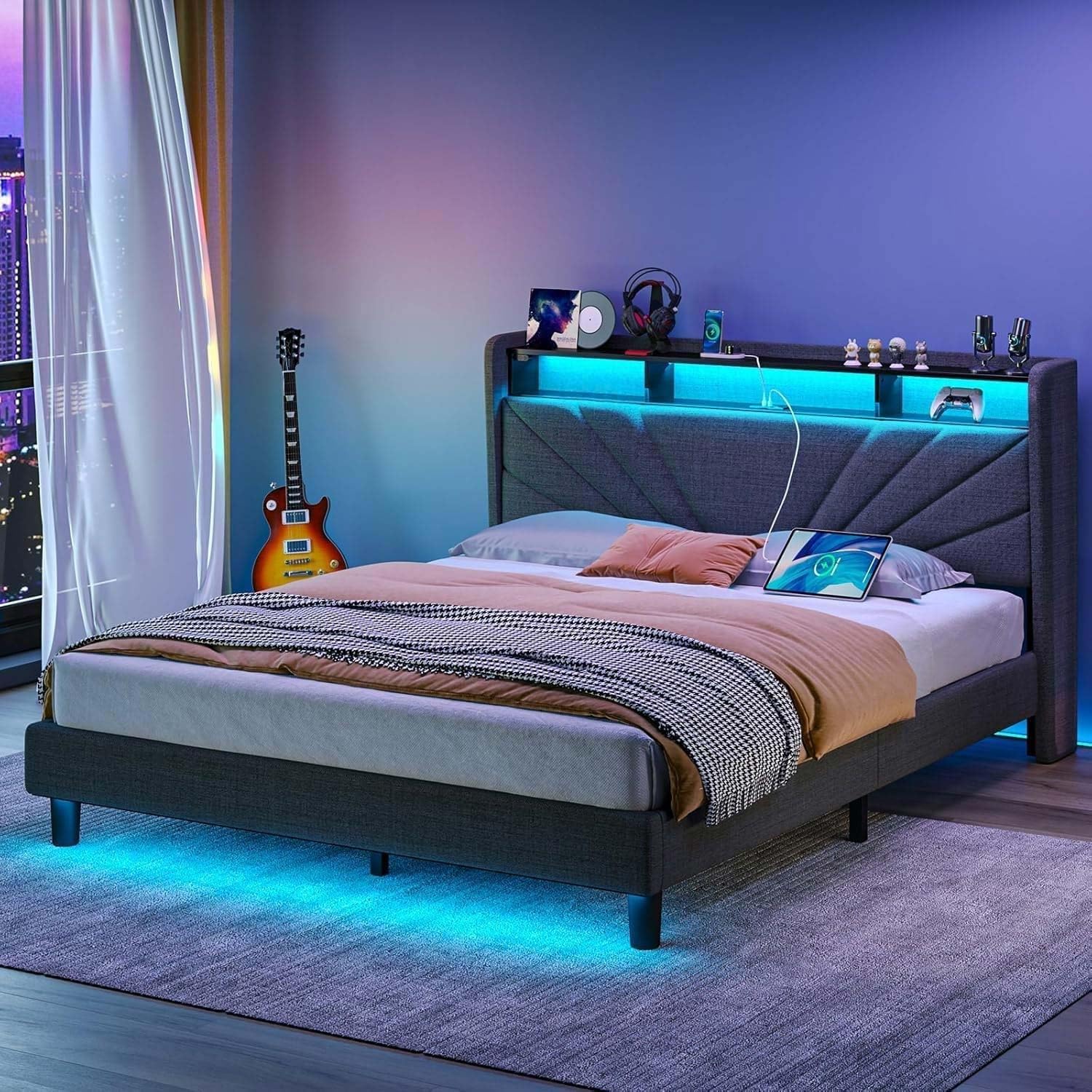 Rolanstar Full Size Bed Frame, Storage Headboard with Charging Station and LED Lights, Upholstered Bed with Heavy Duty Wood Slats, No Box Spring Needed, Noise Free, Easy Assembly, Dark Grey Image