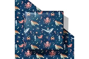 SaringSwoon Ocean Christmas Wrapping Paper for Boys Girls Kids - Blue Xmas Gift Wrap with Whales, Octopuses, and Santa Hats on Galaxy Design - 40×28 Inches, 4 Folded Sheets, Easy Storage