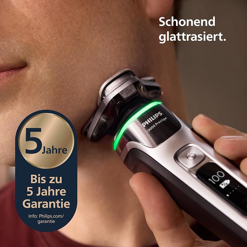 elektrischer Rasierer i9000 Prestige, Nass- und Trockenrasierer für Herren mit integriertem Trimmer, grau-silber, Drucksensor, Reinigungsstation, Ladestation und Reiseetui (XP9205/30)