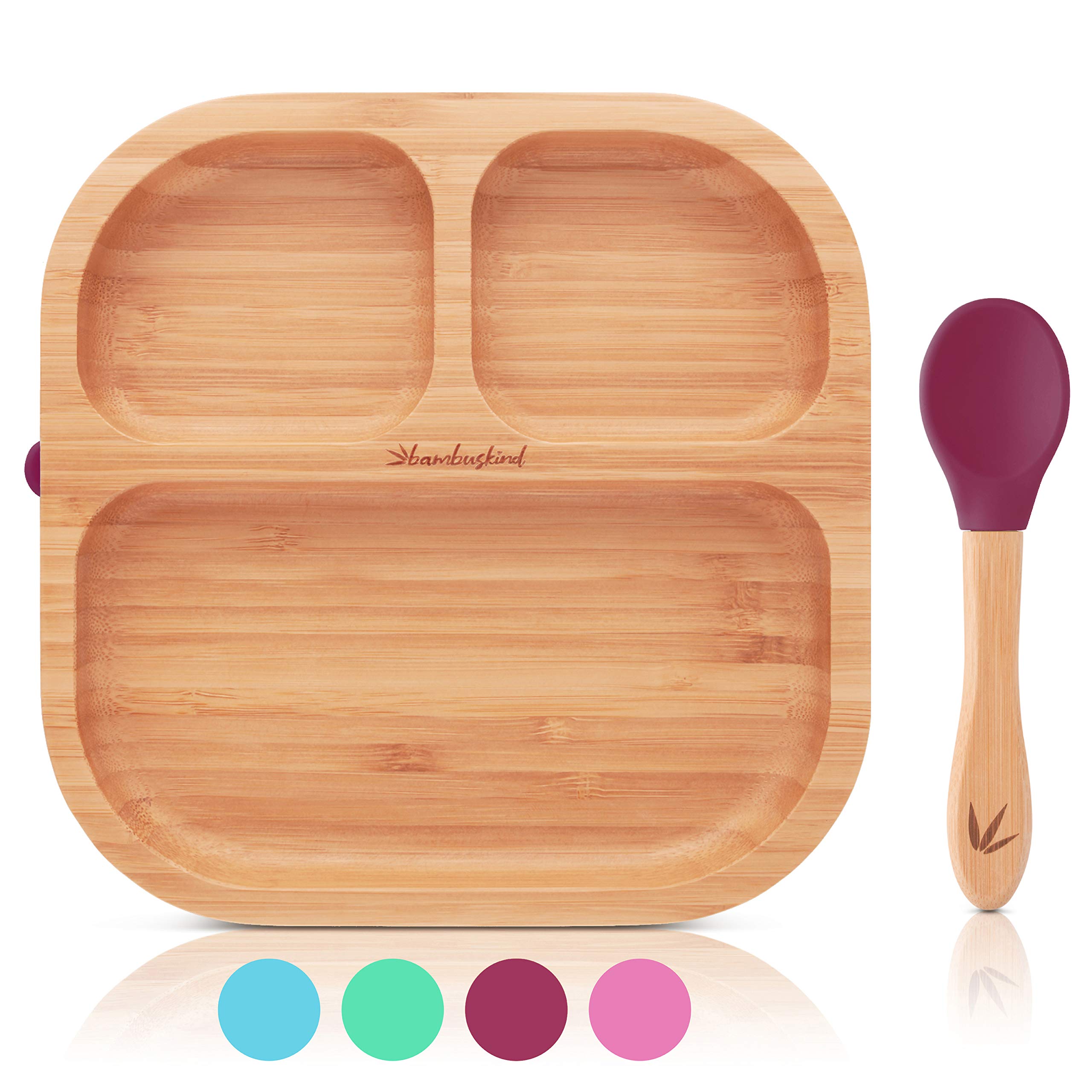 bambuskind Children's Plate with Suction Cup Cherry I Includes Recipe Ebook I Non-Slip Bamboo Baby Plate with Spoon I Children's Tableware Set for Learning to Eat I Without Harmful Plastics