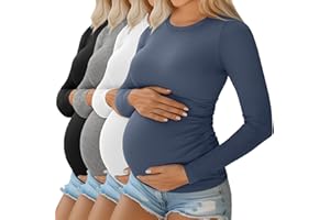 Ficerd 4 Pack Women's Maternity Shirts Cotton Long Sleeve Ribbed Crew Neck Pregnancy Tops Side Ruched Casual Mama Clothes