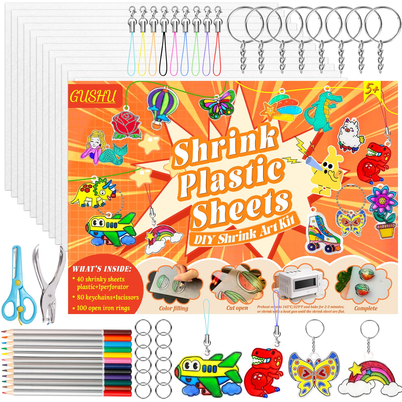 Photo 1 of Gushu Shrinky Plastic Sheets Keychain Kit, 235Pcs Shrinky Art Kit Including 40 Pcs Shrink Plastic Sheets, Hole Punch, Pencils, Keychains, Scissors for Making Crafts and Keychains