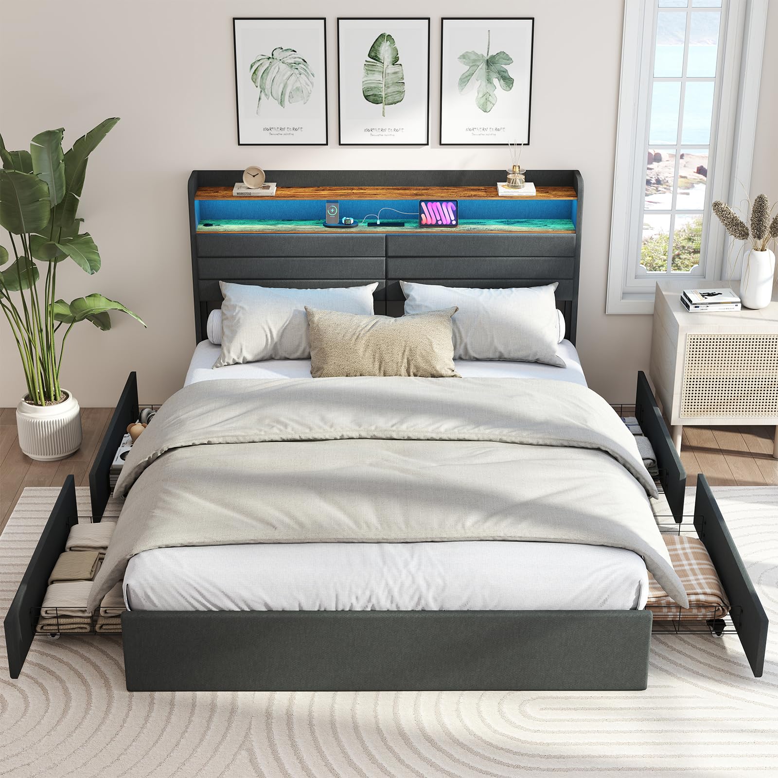 Photo 1 of **PARTIAL SET**Zevemomo Queen Bed Frame with 4 Storage Drawers, Queen Size Upholstered Bed Frame with Headboard, LED, Charging Station with USB Ports & AC Outlets, Sturdy Metal Slat Support, Noiseless, Gray