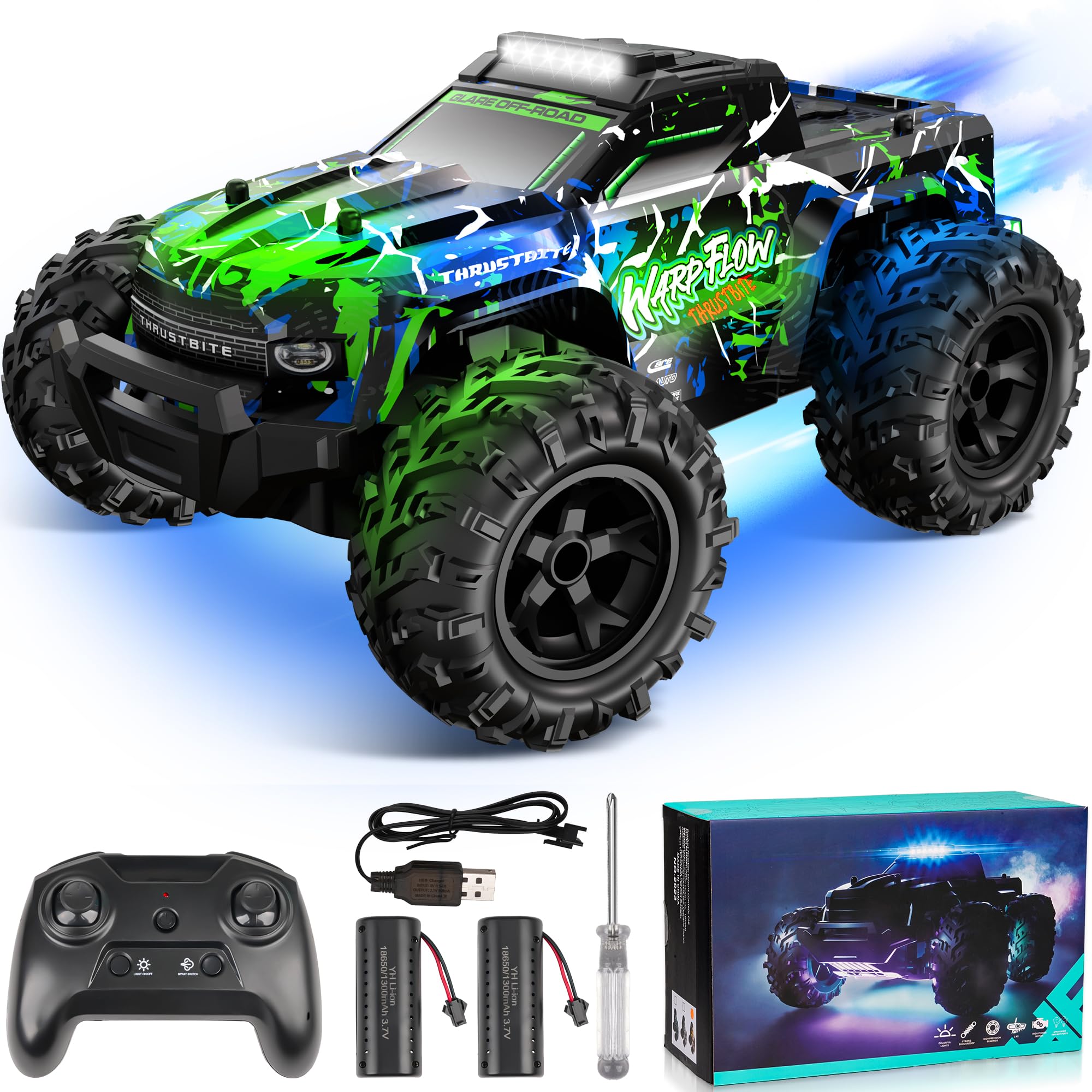 BAZADER Remote Control Cars RC Truck 1:18 RC Car with LED Light 2.4GHz All Terrain Off Road Truck Toys - High Speed 25KMH+ with Spray 60 Mins Playtime Fast Racing Toy for Kids Adults
