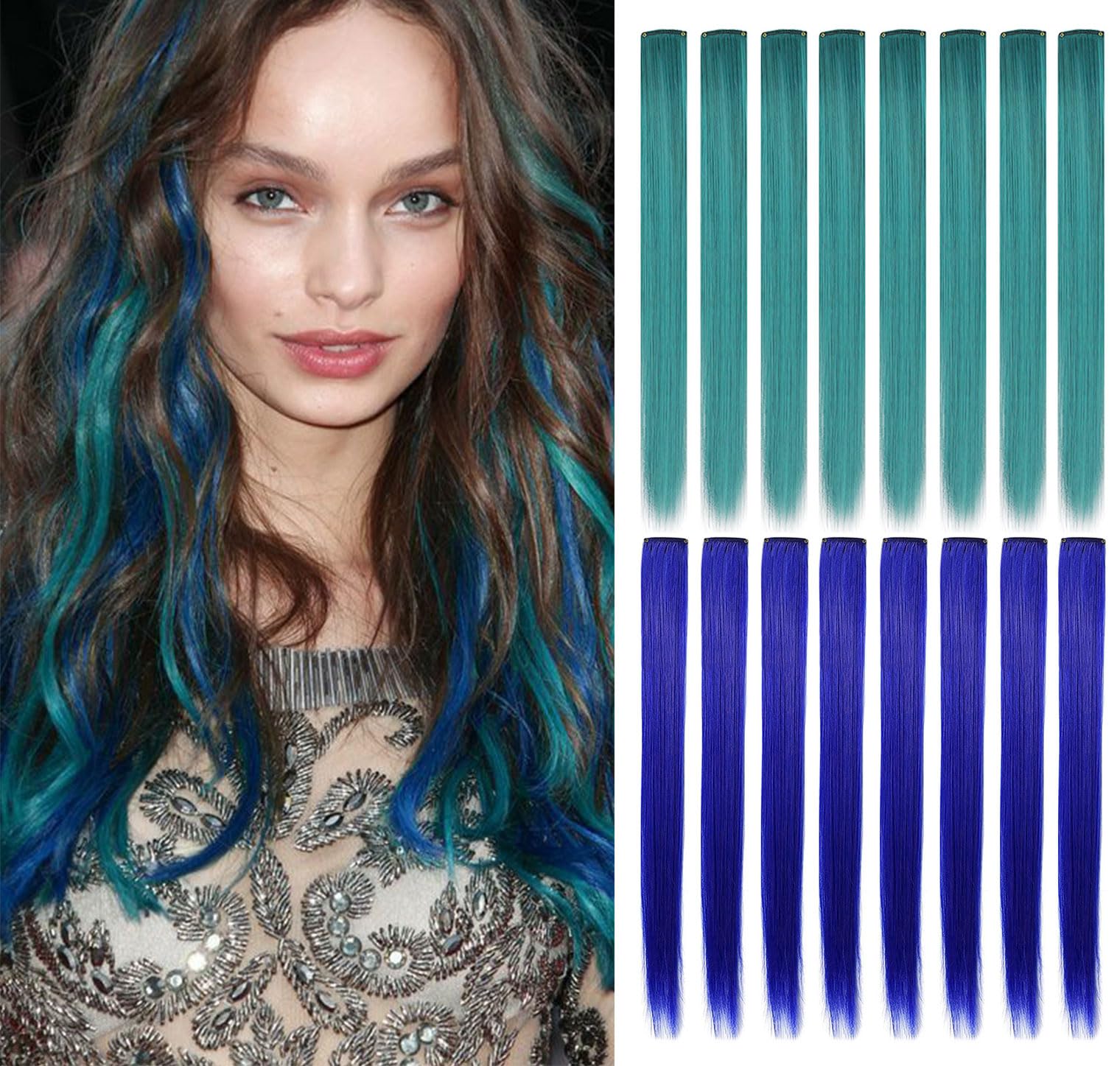 MQY COLOR 16 Pieces Colorful Hair Extensions Clip in Party Highlights, Heat Resistant Synthetic on Hair Extensions in Multiple Colors Girls (Blue+Dark teal), 21 inch
