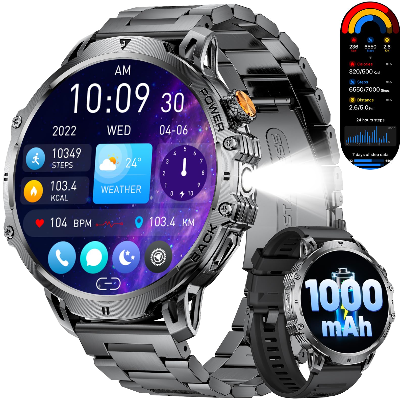 LIGE Military Smart Watches for Men(2 Bands),1000mAh/1.85