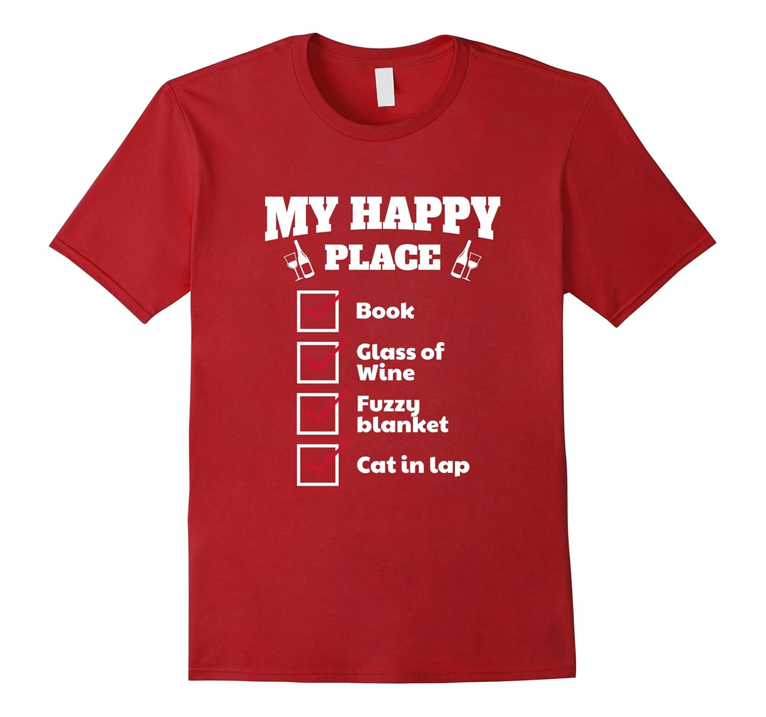 Book Lover My Happy Place Checklist Wine Cat T-Shirt-Rose