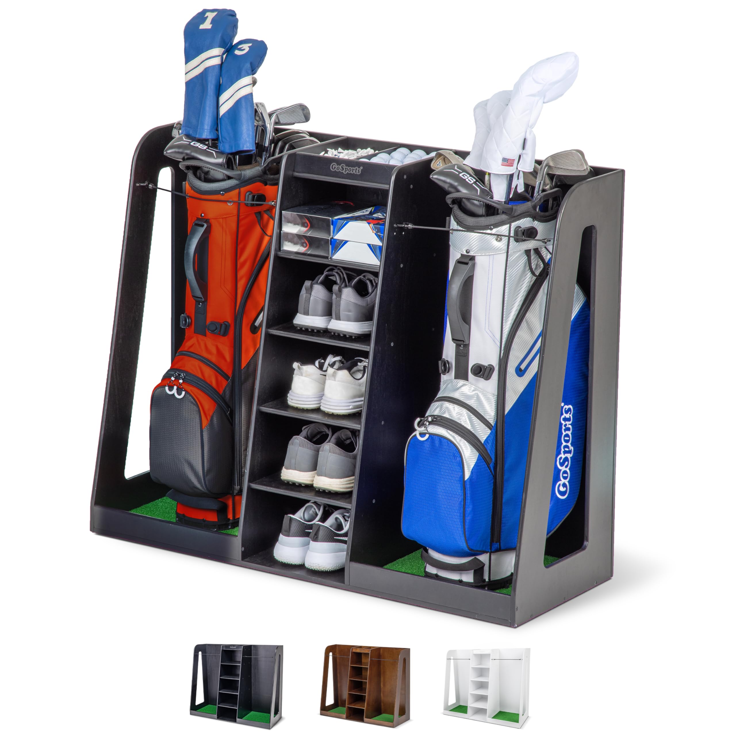Photo 1 of ***DAMAGED - INCOMPLETE - SEE PICTURES***
GoSports Premium Wooden Golf Bag Organizer and Storage Rack - Holds 2 Golf Bags - Black Finish