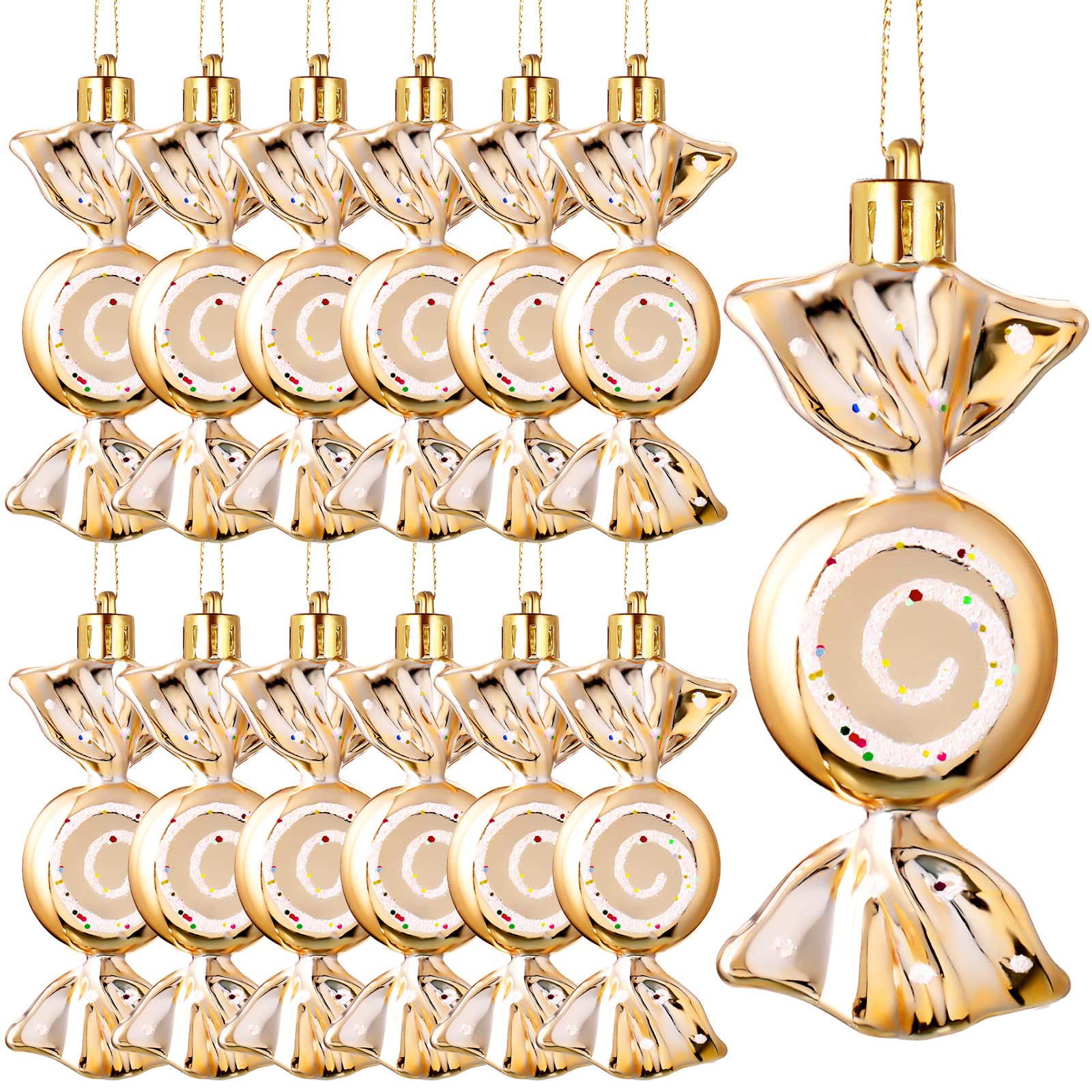 Threan 12 Pcs Christmas Candy Ornaments for Tree Decoration Hanging Glitter Candy Cane Christmas Peppermint Ornament with Golden Rope for Xmas Holiday Decoration(Champagne Gold,Plastic) — image 1