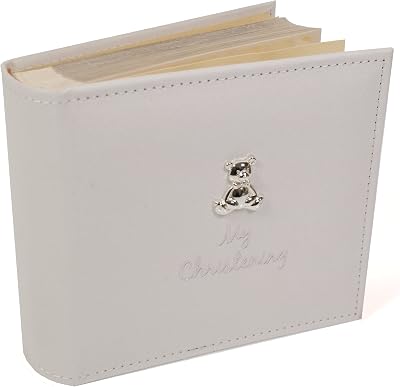 Shudehill Giftware White Suede My Christening Album with Silver Teddy Motif