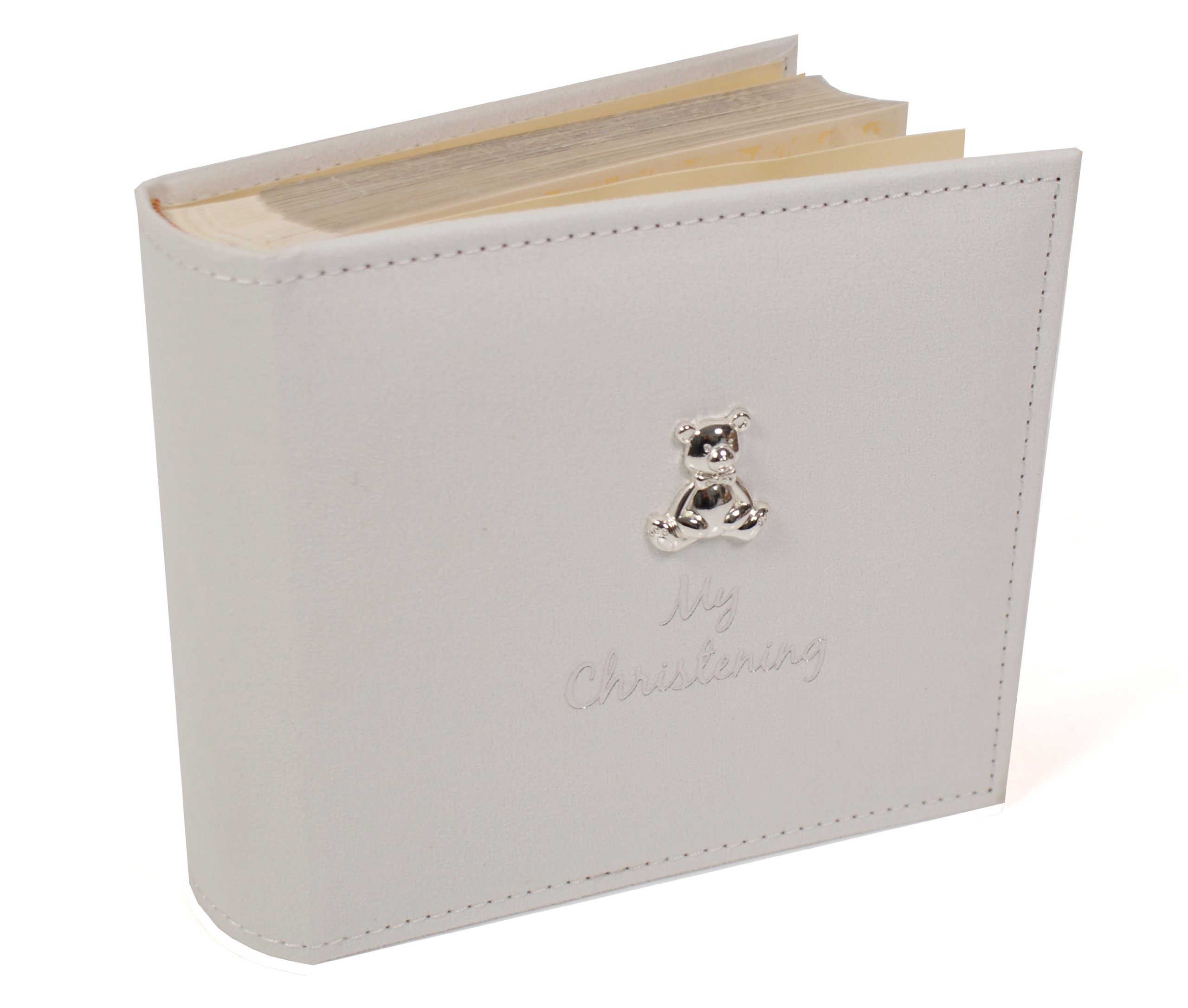 Shudehill Giftware White Suede 'My Christening' Album with Silver Teddy Motif, Photo Size 6x4