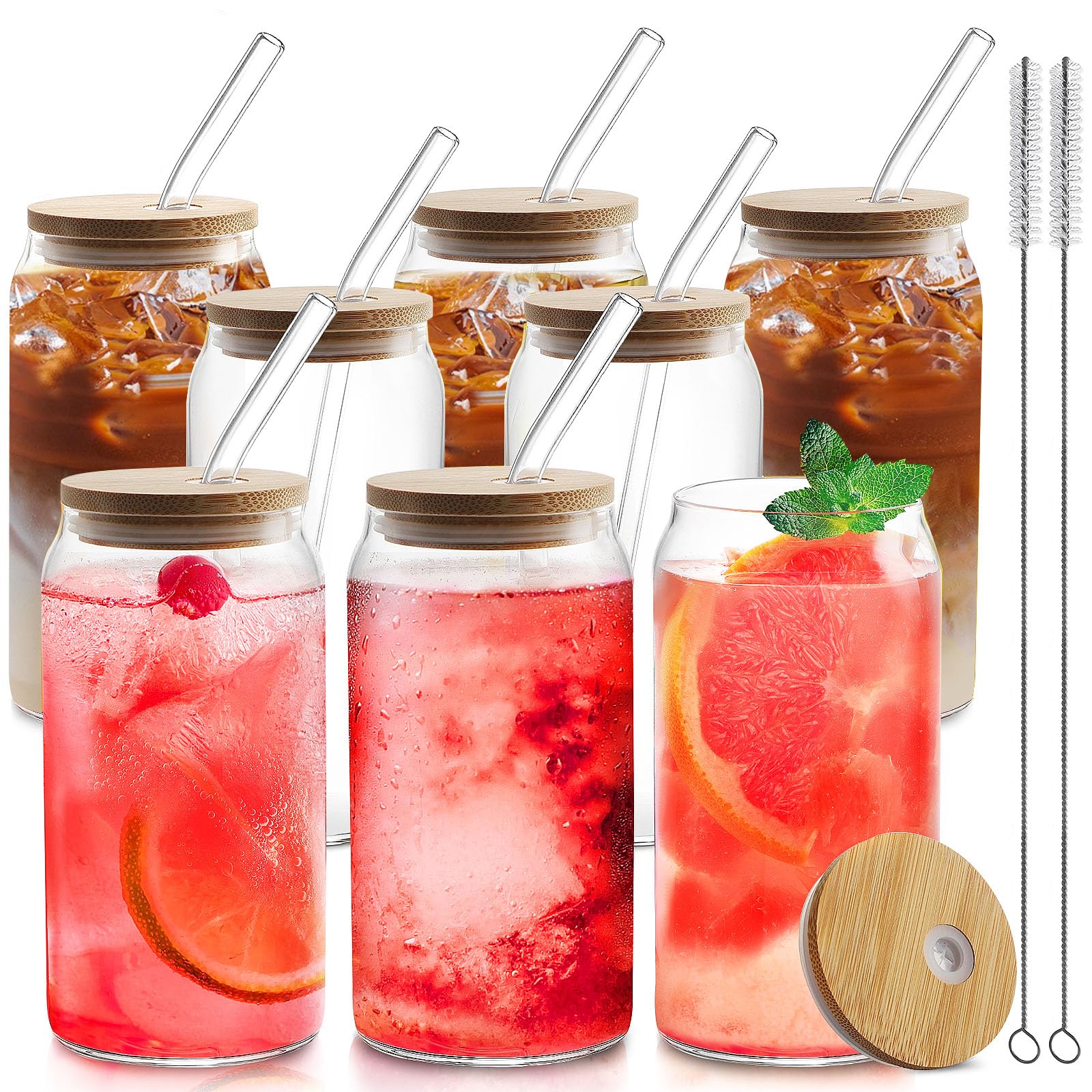 Photo 1 of HOMBERKING Glass Cups with Bamboo Lids and Straws 8pcs Set, 20oz Cups, Beer Glasses, Iced Coffee Cups, Cute Tumbler with 2 Cleaning Brushes, Ideal for Cocktail, Whiskey, Tea, Gift