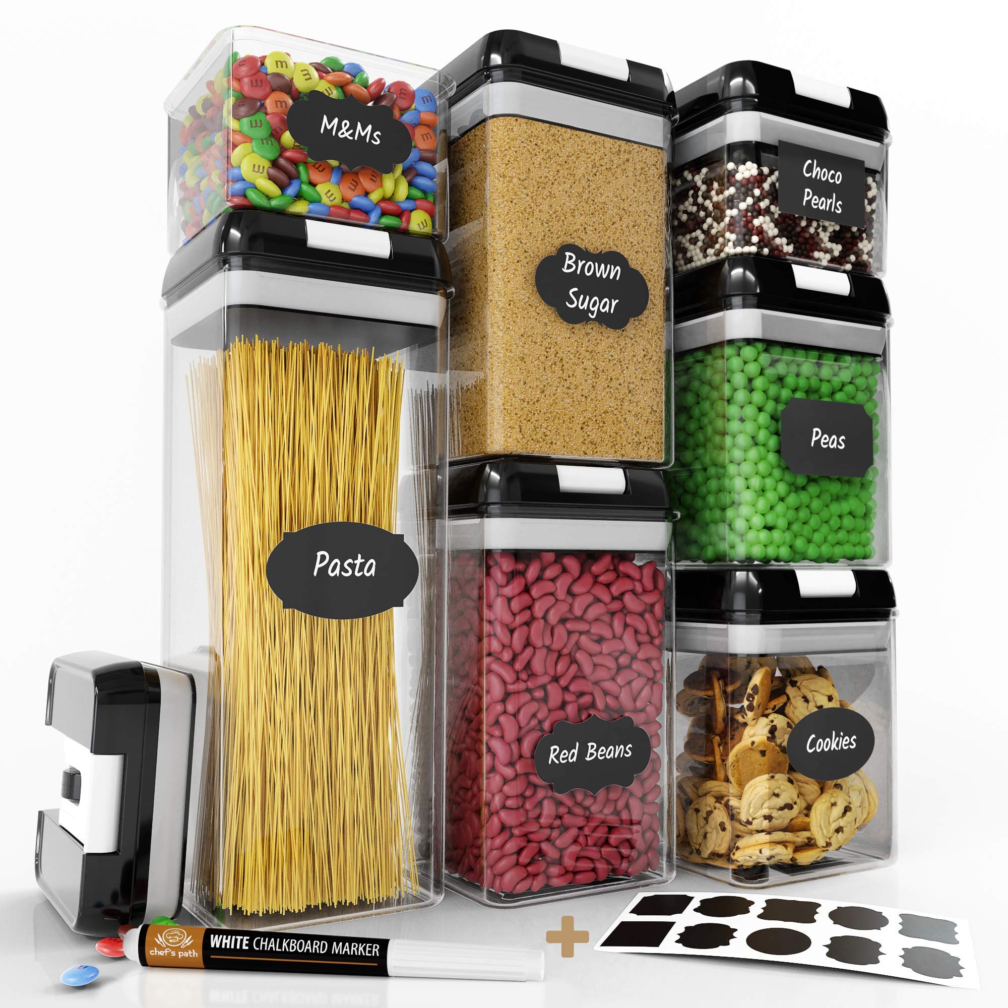 Chef's Path Airtight Food Storage Container Set - 7 Piece Set - Label Markers - Kitchen Pantry Organizer - BPA Free - Clear Plastic Canisters for Flour/Cereal with Improved Lid