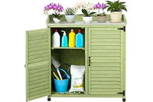 FTCBNet Outdoor Potting Bench with Metal Work Top,Waterproof Garden Storage Cabinet,Wooden Tool Station Shed for Backyard,Patio,Lawn Gardening