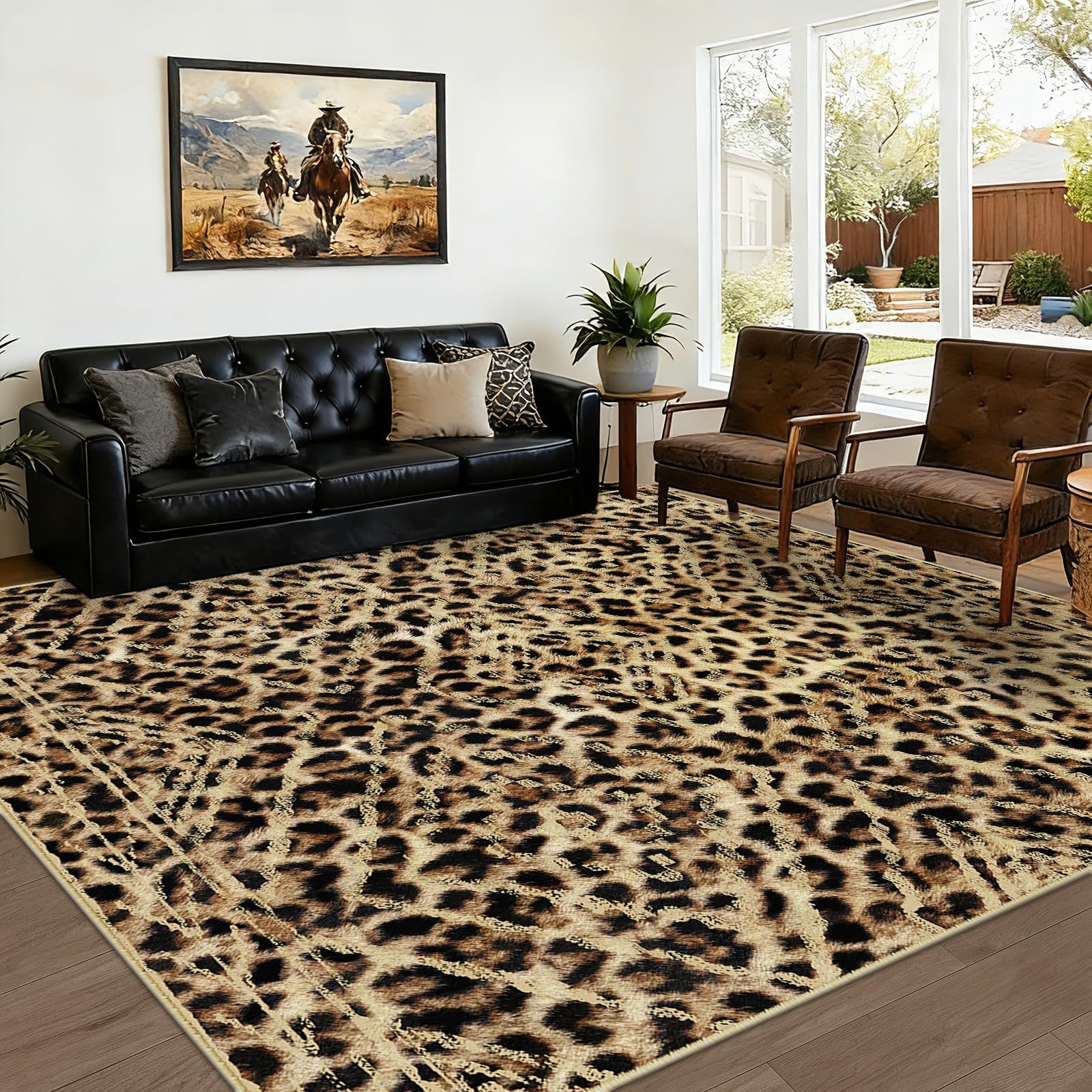 Area Rug 8x10 Rug Machine Washable Non-Slip Low Pile Print Pattern Western Rug for Living Room Bedroom Entryway Tribal Series-Dark/Leopard